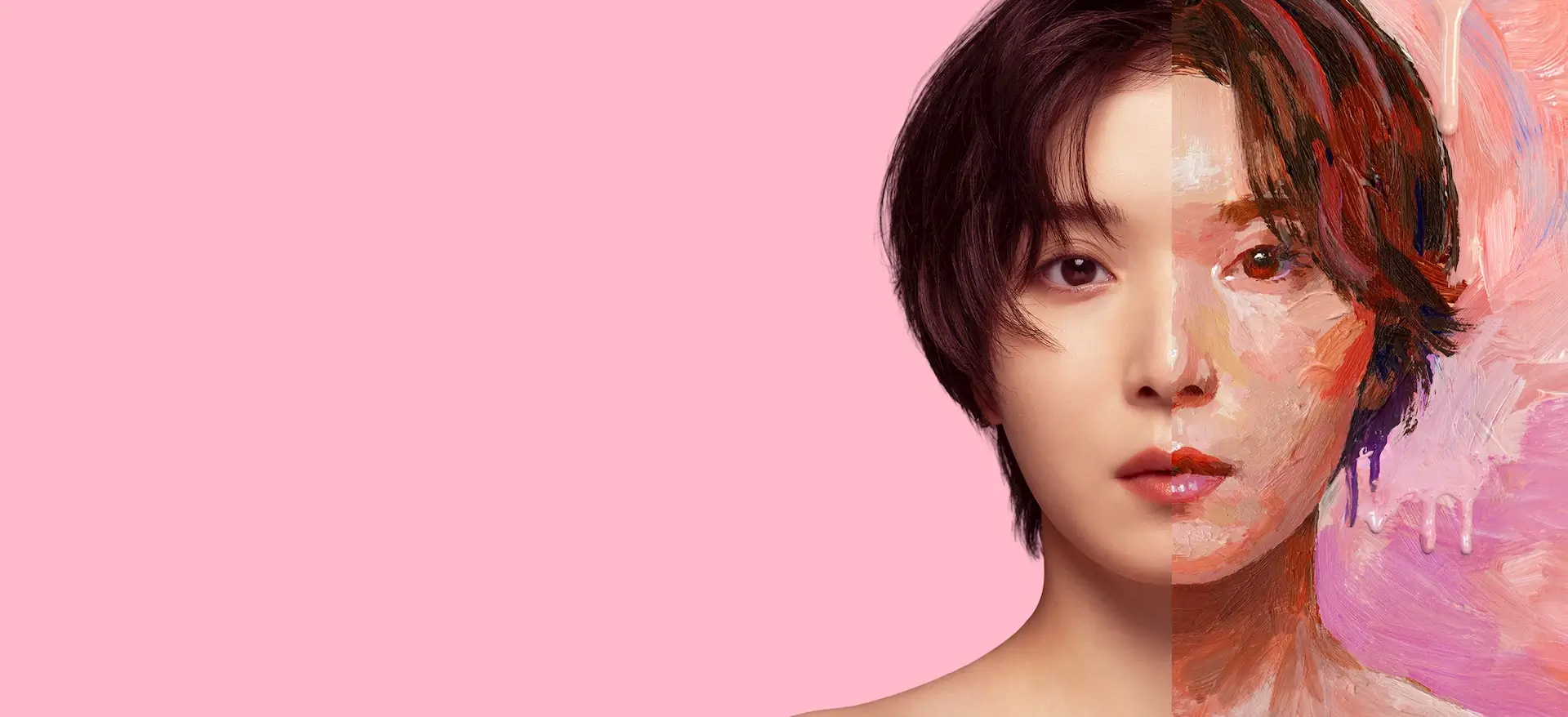《假面美颜》粉色主视觉中,女性面孔一半为真实影像,一半为绘画效果